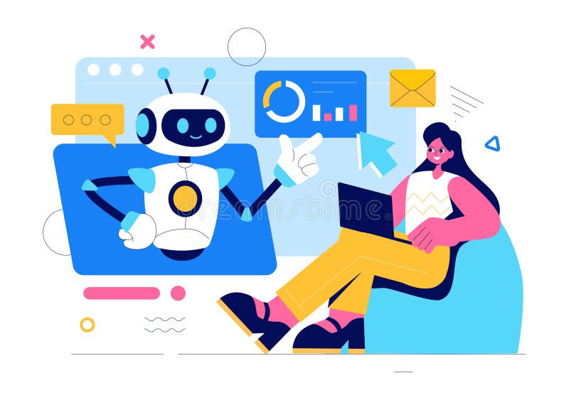 Illustration av artificiell intelligensvektor med digital hjärnteknik och teknik med en programmeraranalys stock illustrationer