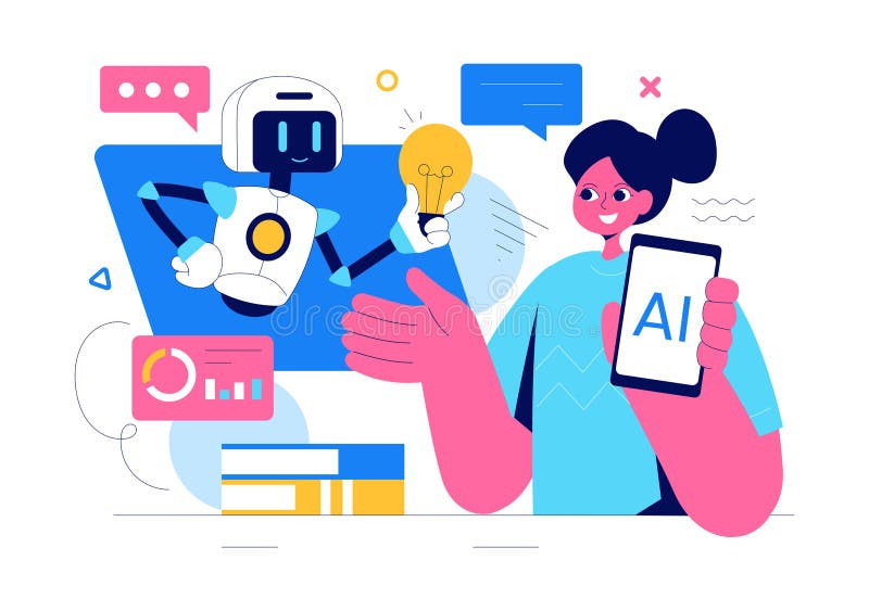 Illustration av artificiell intelligensvektor med digital hjärnteknik och teknik med en programmeraranalys stock illustrationer