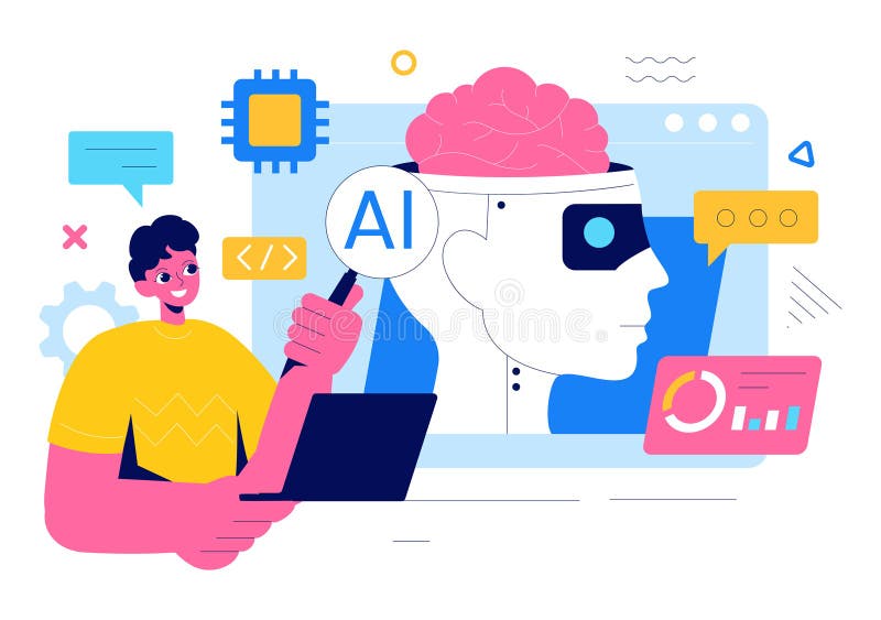 Illustration av artificiell intelligensvektor med digital hjärnteknik och teknik med en programmeraranalys stock illustrationer