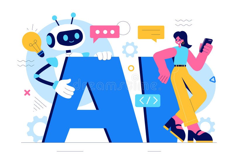 Illustration av artificiell intelligensvektor med digital hjärnteknik och teknik med en programmeraranalys vektor illustrationer