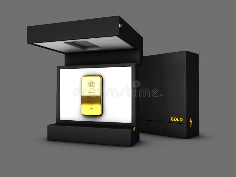 Illustration av asken med guld- stänger, guld i kartongen Öppen och stängd boxe royaltyfri illustrationer Illustration av asken med guld- stänger, guld i kartongen Öppen och stängd boxe royaltyfri illustrationer