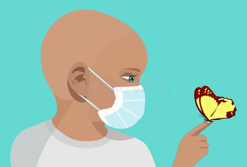 Illustration of a Bald Kid Wearing Face Mask, Sick with Cancer and looking at the butterfly. Isolated on blue background. Illustration of a Bald Kid Wearing Face Mask, Sick with Cancer and looking at the butterfly. Isolated on blue background