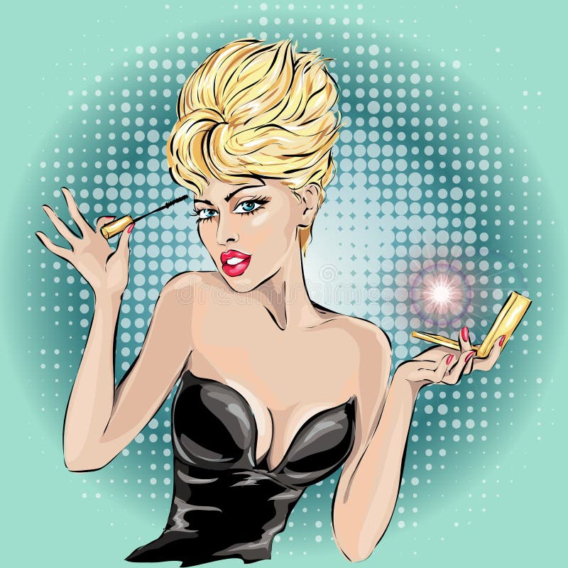 Illustration av en utvikningsbrudflicka som applicerar mascara på henne snärtar vektor illustrationer Illustration av en utvikningsbrudflicka som applicerar mascara på henne snärtar vektor illustrationer