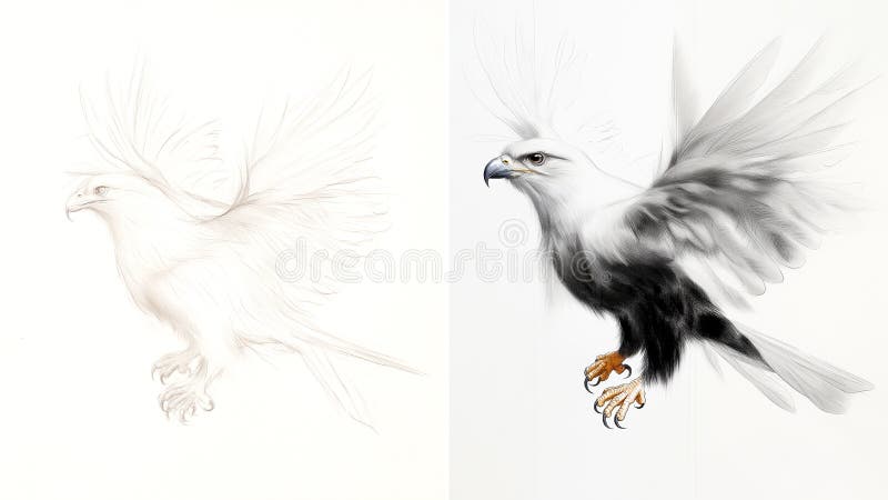 Illustration av en örn med uppslag som visar både den ursprungliga skissen och den slutliga detaljerade ritningen vektor illustrationer