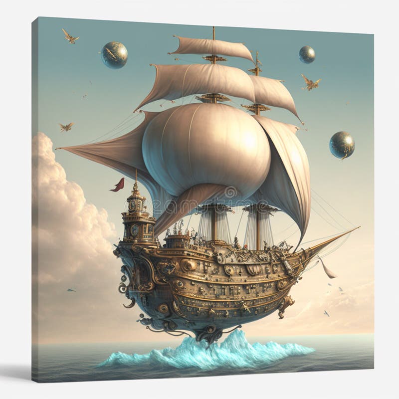 Illustration av ett fantasi-fartyg i havet royaltyfri illustrationer