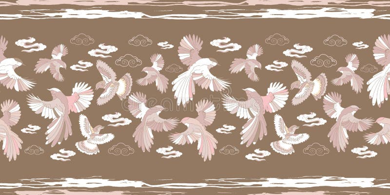 Illustration av f?glar, den bl?a n?tskrikan, falkar, moln och v?gor stock illustrationer Illustration av f?glar, den bl?a n?tskrikan, falkar, moln och v?gor stock illustrationer