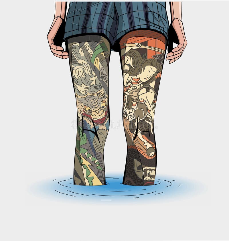 Illustration av flickaanseendet i vatten med den japanska tatueringen royaltyfri illustrationer Illustration av flickaanseendet i vatten med den japanska tatueringen royaltyfri illustrationer