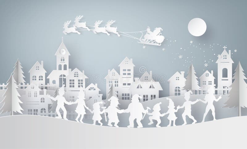 Illustration of merry christmas and happy new year,Claus on the sky coming to City with happy family dance around .Design and produce by vector of paper art and craft style. Illustration of merry christmas and happy new year,Claus on the sky coming to City with happy family dance around .Design and produce by vector of paper art and craft style