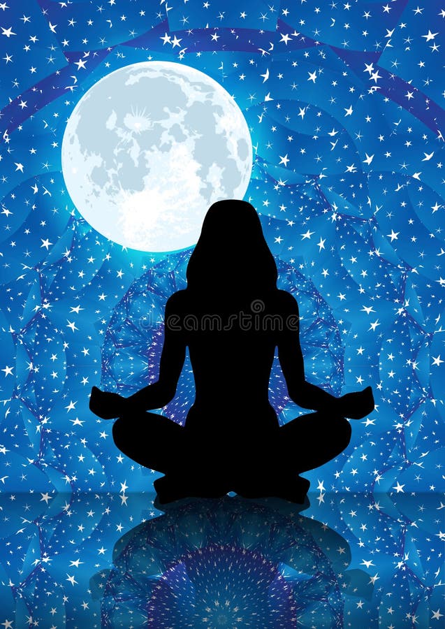 Illustration av konturn av kvinnan som mediterar under fullmåneljus