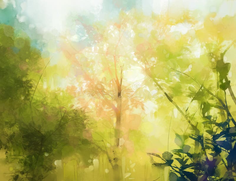 Illustration av mjuk, färglös skog och skum. abstrakt vårsäsong utomhus med gult och grönt löv på träd stock illustrationer