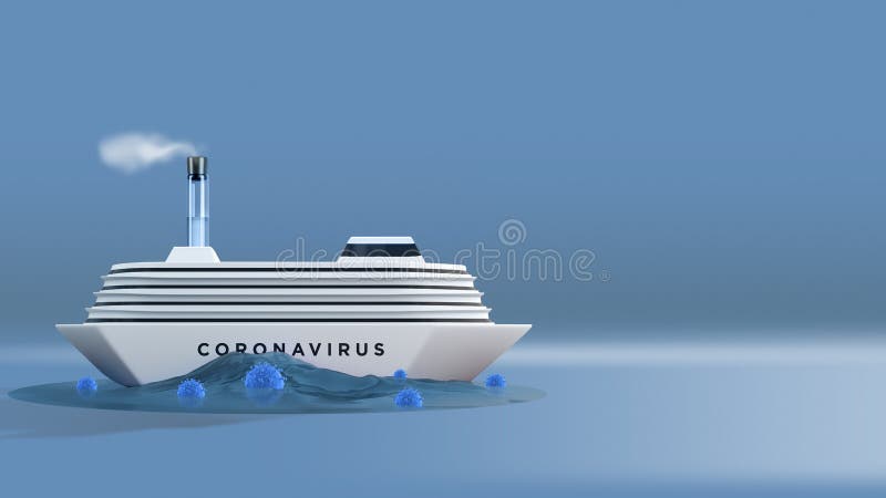 Illustration for news with people infected with coronavirus on cruise liners. 3D render of a ship with sick passengers coronavirus from China - 2019-nCoV or COVID-19. Poster. Illustration for news with people infected with coronavirus on cruise liners. 3D render of a ship with sick passengers coronavirus from China - 2019-nCoV or COVID-19. Poster