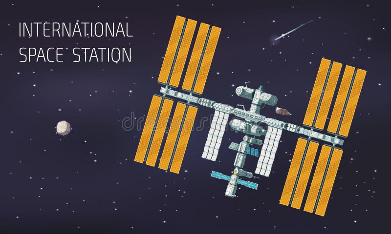Illustration av platta internationella rymdstationer