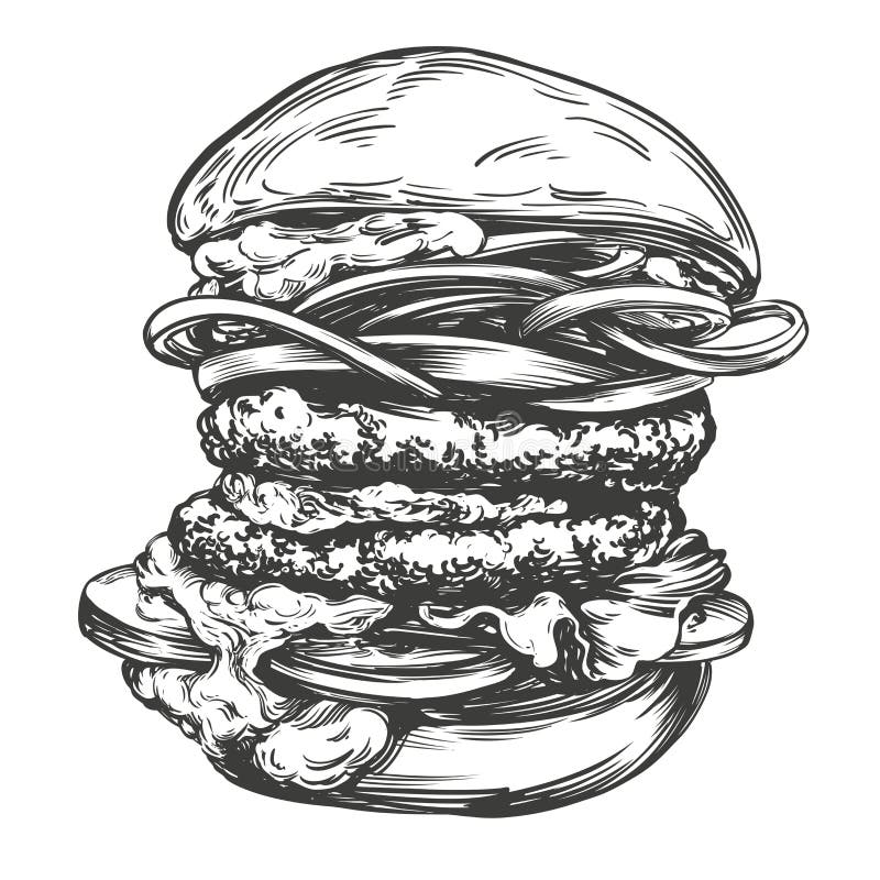 Illustration av realistisk skiss av den stora hamburgerhanddragna vektorn