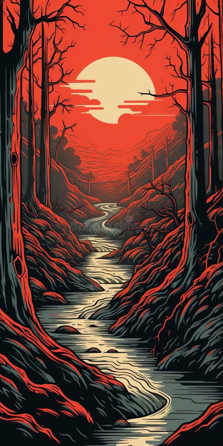 Illustration av regnlandskapet i vektorformat för vintage linocut stock illustrationer