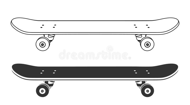 Illustration av skateboard i sidvyn kontur och silhuetstil stock illustrationer
