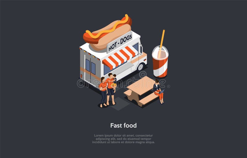 Fast Food Concept Illustration In Cartoon 3D Style. Isometric Composition. Dark Background And Text. Family Standing Together, Woman Working At Laptop Sitting. Hot Dogs Van With Sausage, Bevarage Cup. Fast Food Concept Illustration In Cartoon 3D Style. Isometric Composition. Dark Background And Text. Family Standing Together, Woman Working At Laptop Sitting. Hot Dogs Van With Sausage, Bevarage Cup.