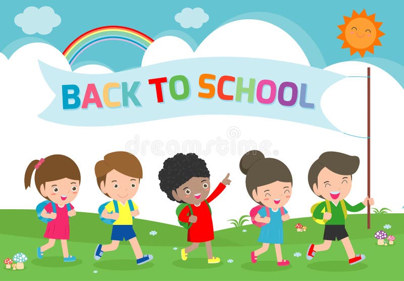 Illustration av ungar som går att skola, tillbaka till skolamallen med barn, grupp av elever som går det isolerade skolbarnet royaltyfri illustrationer Illustration av ungar som går att skola, tillbaka till skolamallen med barn, grupp av elever som går det isolerade skolbarnet royaltyfri illustrationer