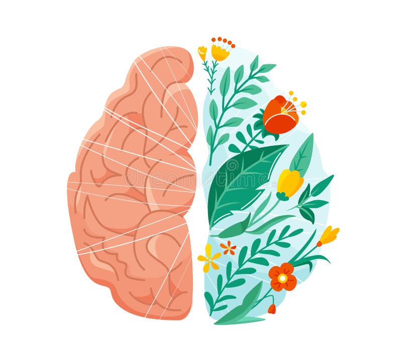 Illustration av vektor för psykisk hälsa. vänster- och högerhumant hjärnkoncept. Balansdesign med blomsterplanta och blad i stock illustrationer