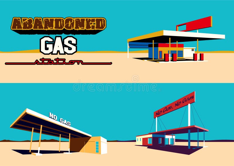 Minimal Design Illustrations Old Gas Stations, American Desert, Bright Colors. Minimal Design Illustrations Old Gas Stations, American Desert, Bright Colors