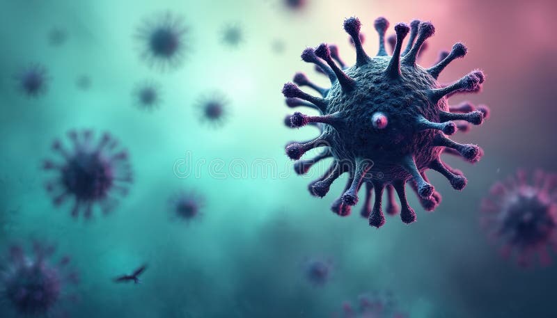 Illustration avian influenza virus particle. Microscopic view flu infection. Viral disease risk, spread. Microbiology science royalty free stock photography
