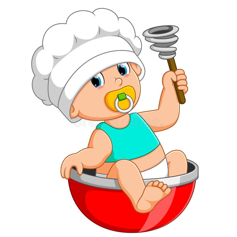 the baby chef is sitting on the red bow and holding manual mixer