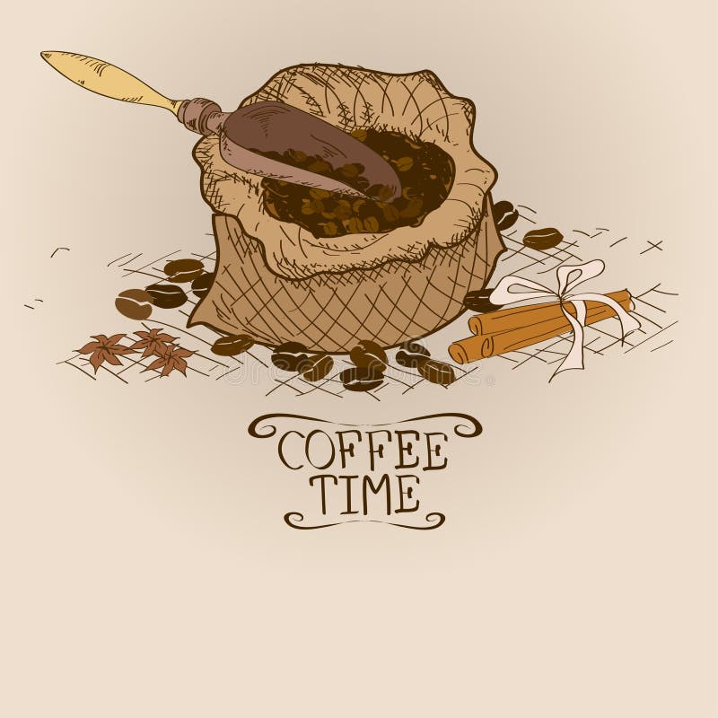 Illustration with bag of coffee and scoop