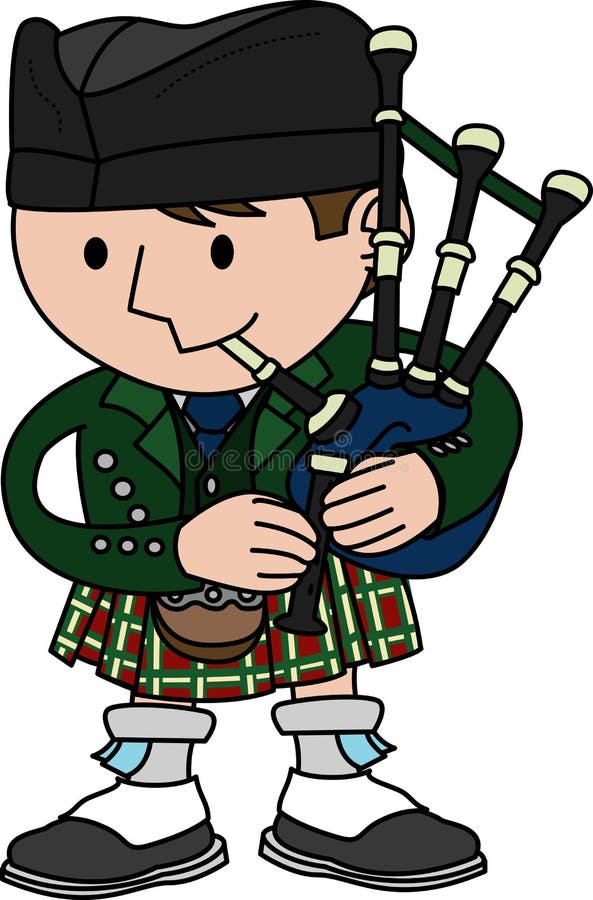 Illustration of male Scottish bagpiper playing bagpipes stock illustration.