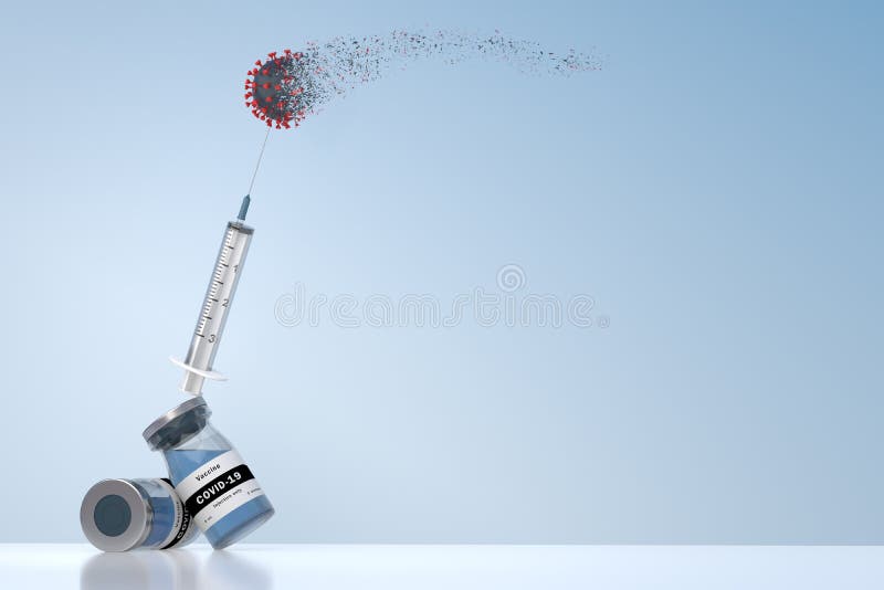 Illustration of the balance of a bottle with the Sars-CoV-2 coronavirus vaccine  a syringe  and a Covid-19 molecule. A concept on