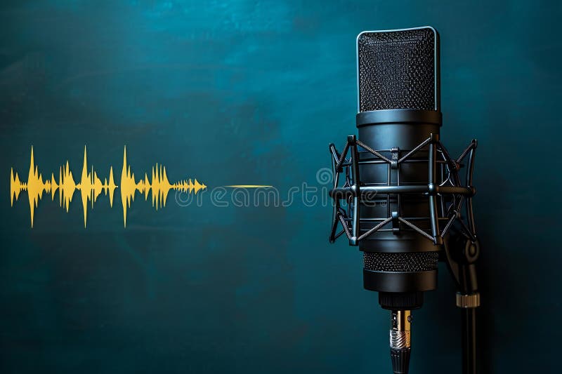 A banner featuring an audio wave with sound waves and a microphone on a blue background, representing a podcasting or voice r stock illustration