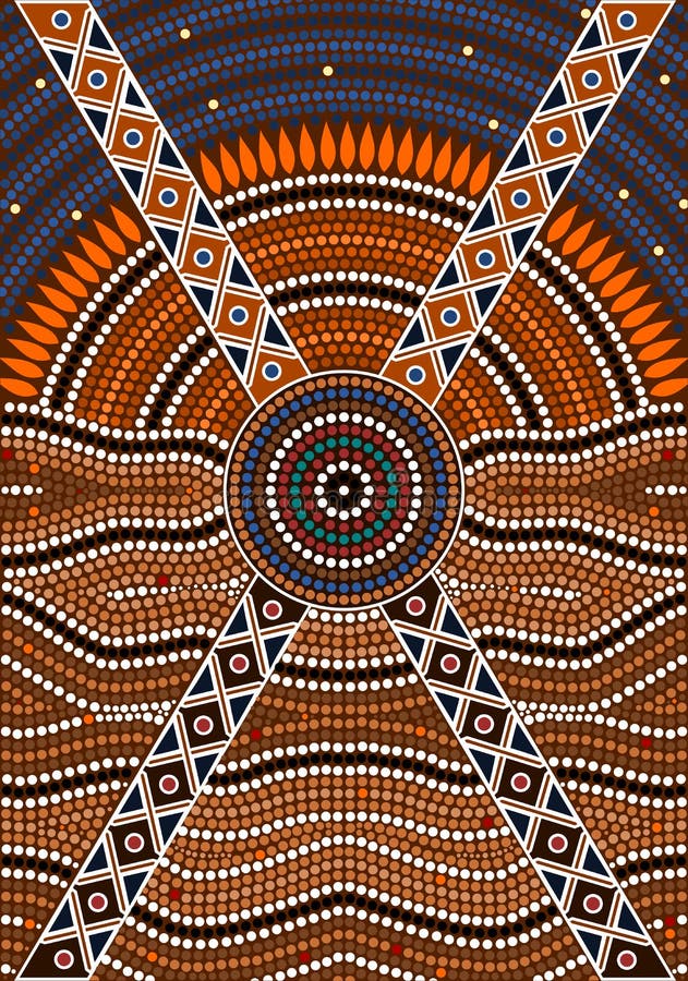 A illustration based on aboriginal style of dot painting depicting secret. Australian aboriginal border vectors