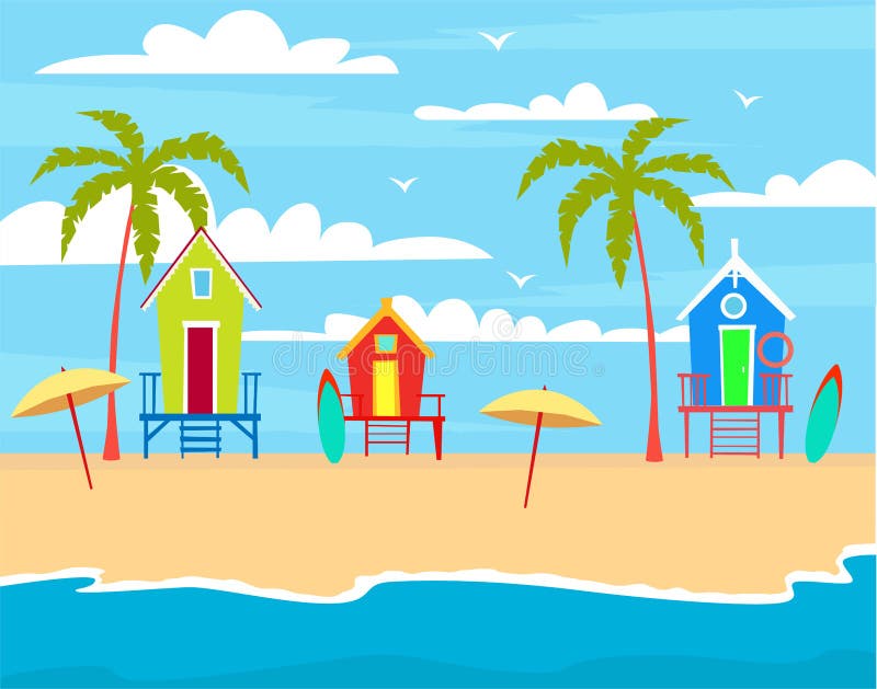 Illustration with beach houses on the seashore.