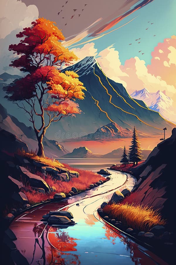 Illustration, Beautiful Scenery Full of Color, Ai Generative Stock