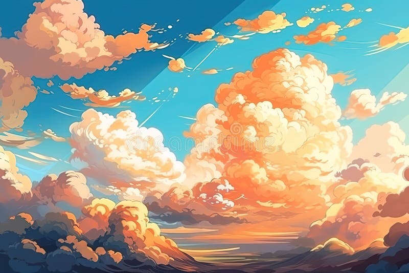 Girl in love looking in the distance. Anime, manga style painting, drawing.  Red sunset, sunrise. Romantic sad, lofi feeling. Beautiful scenery. 4k  moody wallpaper. Moon clouds and stars. Stock Illustration | Adobe
