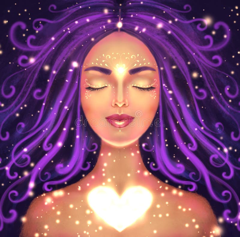 Illustration of a beautiful woman on a dark background with a shining heart. Symbol of self-love, spiritual awakening and