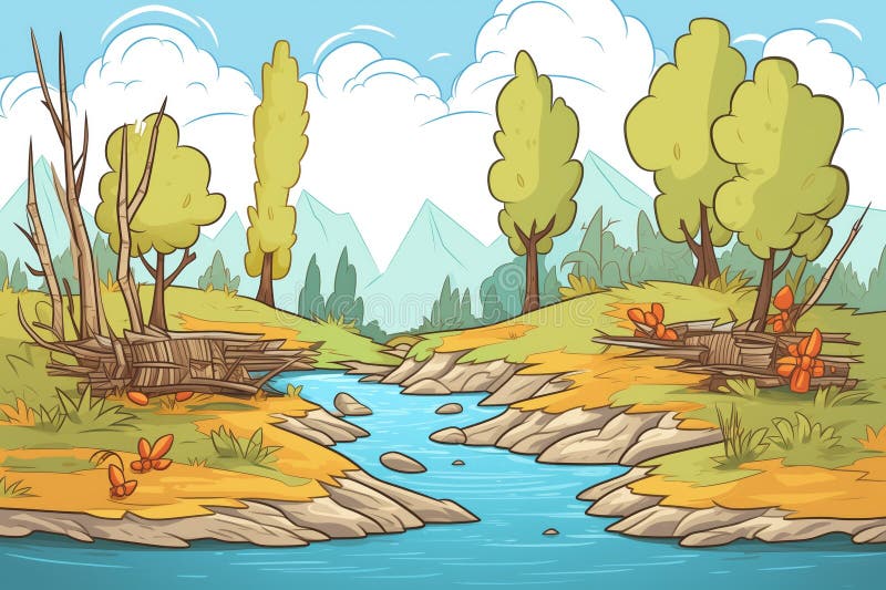 An Illustration of a Beaver Dam Partially Obstructing a Stream Stock