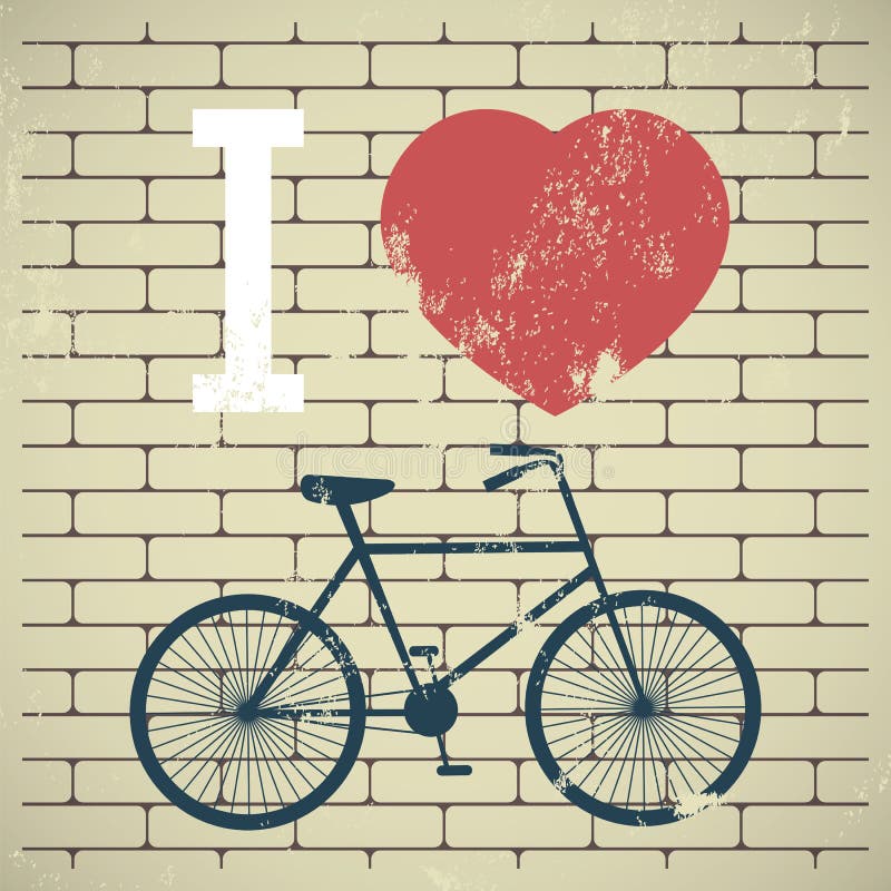 Illustration bicycle over grunge brick wall. I lov