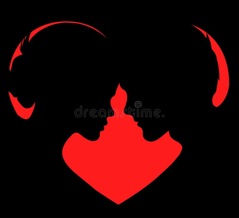 Illustration black silhouette of lovers on a heart background.