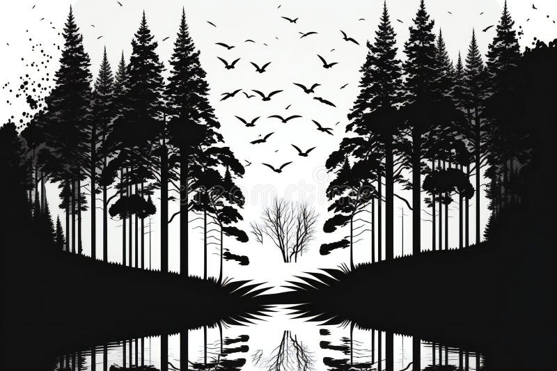 Black and White Forest Scene As Illustration, Nature, Forests Stock