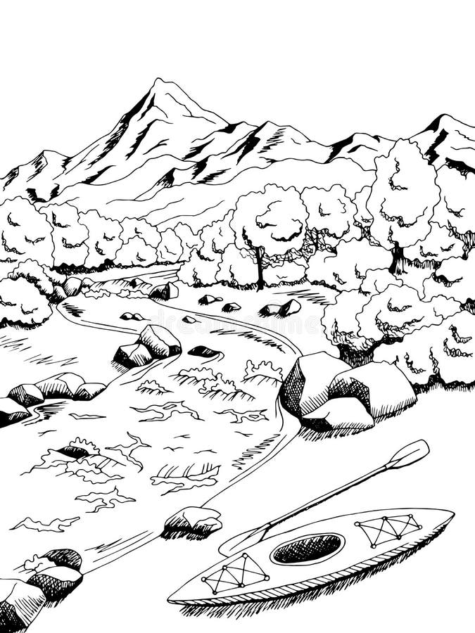 Illustration blanche de paysage de noir de l'industrie graphique de bateau de kayak de rivière de montagne illustration de vecteur Illustration blanche de paysage de noir de l'industrie graphique de bateau de kayak de rivière de montagne illustration de vecteur