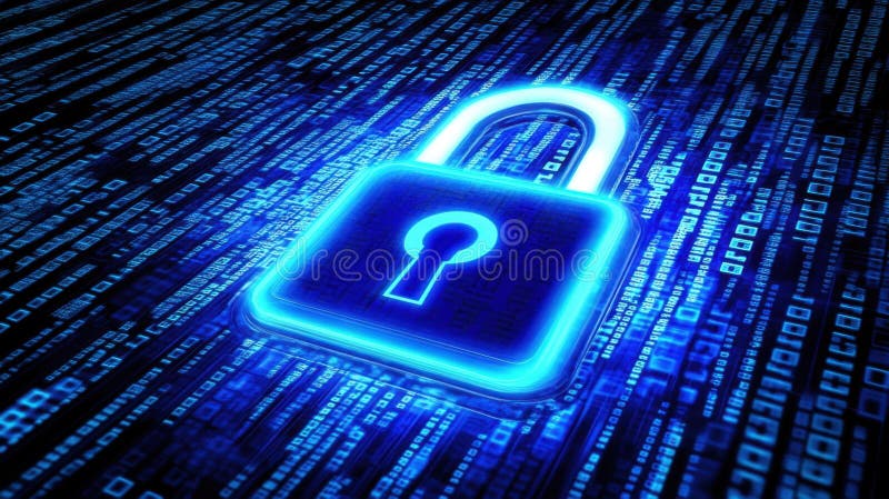 Illustration of a blue padlock glowing with light surrounded by binary code on a dark abstract background stock illustration