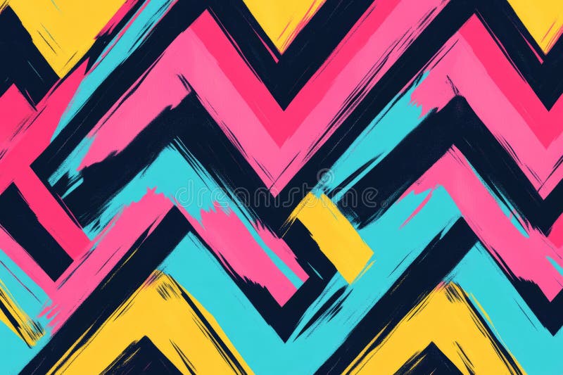 Illustration of a bold and modern chevron pattern in vibrant neon hues of pink, blue, and yellow. stock image