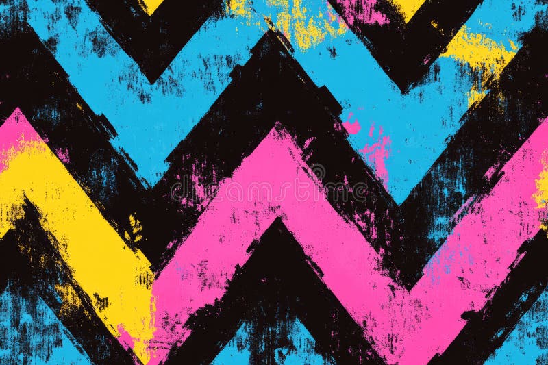 Illustration of a bold and modern chevron pattern in vibrant neon hues of pink, blue, and yellow. stock photography