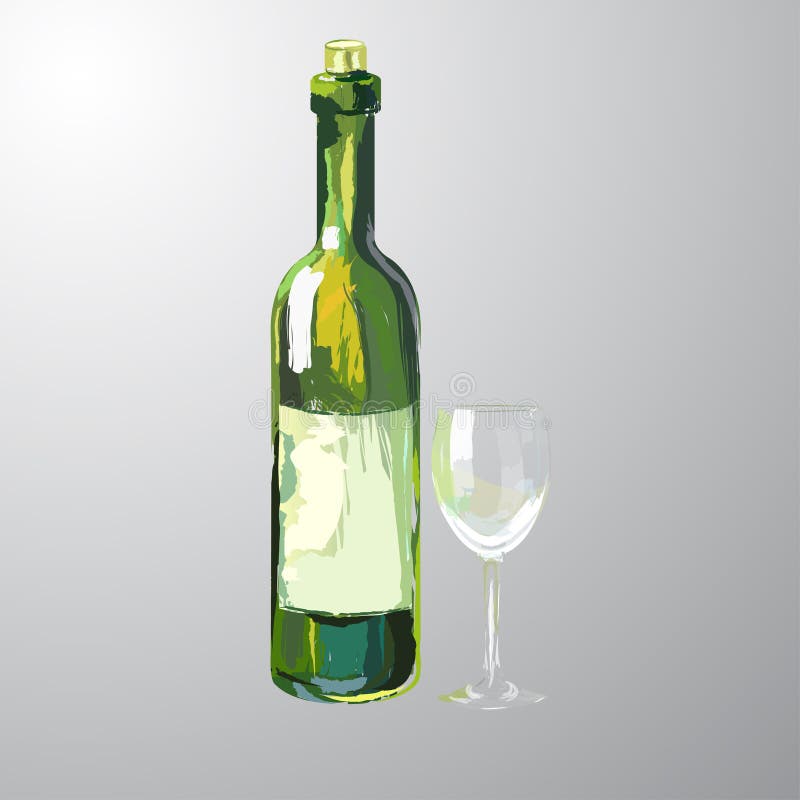 Illustration of Bottle and Glass of White Wine Stock Vector