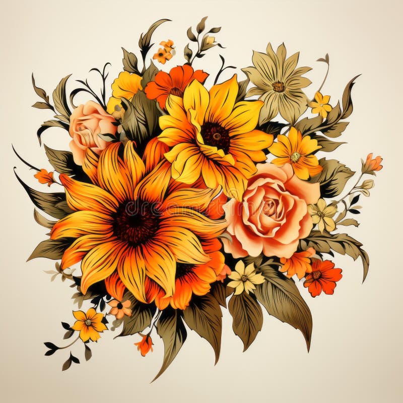 An Illustration of a Bouquet of Sunflowers and Roses Stock Illustration