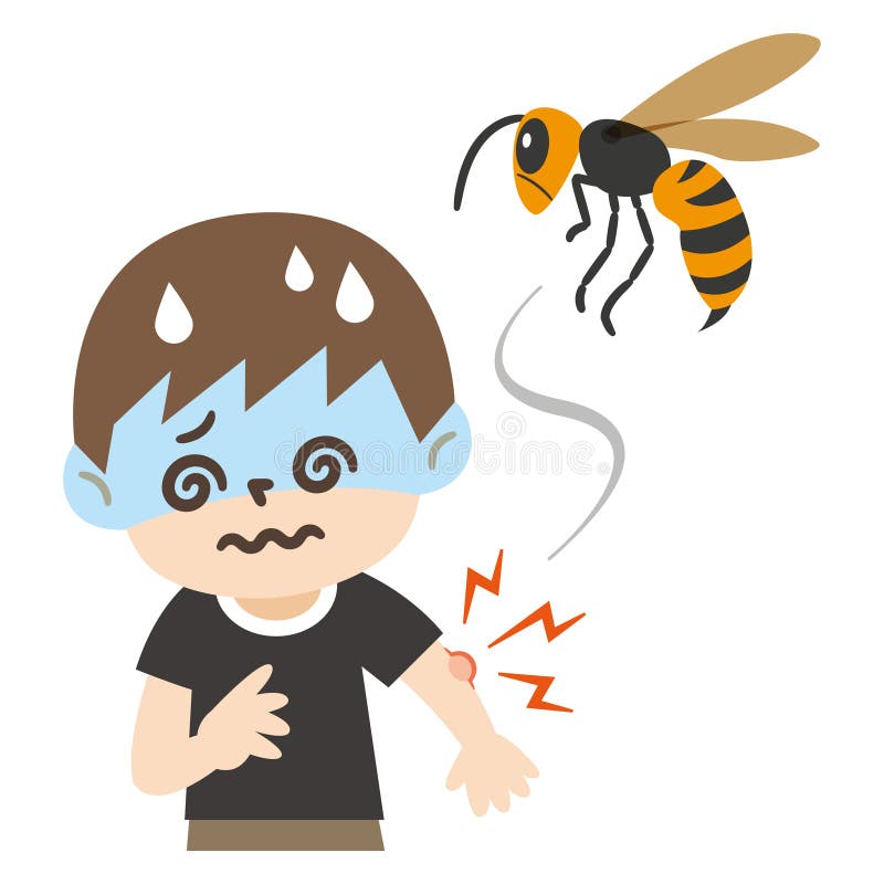 Illustration of a boy dizzy by a bee sting