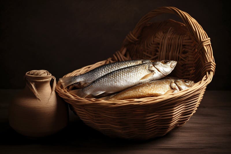 Illustration, bread and fish in the basket, ai generative stock illustration