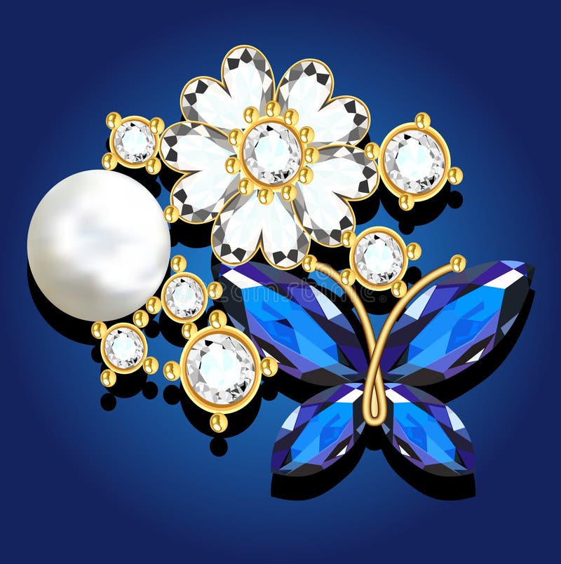 brooch in the shape of a flower and a butterfly gold with precious stones