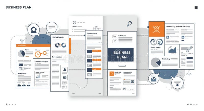 Illustration of a business plan layout with interconnected pages and sections. royalty free illustration