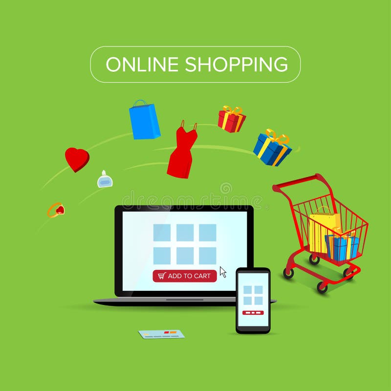 Illustration of buying and shopping online with vector icons. Mobile payment and ecommerce infographics royalty free illustration Illustration of buying and shopping online with vector icons. Mobile payment and ecommerce infographics royalty free illustration