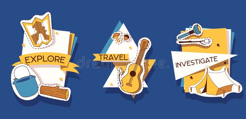 Illustration campante d'autocollants L'explorez, voyagez, ?tudiez Activit?s en plein air Pr?s de la nature Hausse et aventures illustration libre de droits Illustration campante d'autocollants L'explorez, voyagez, ?tudiez Activit?s en plein air Pr?s de la nature Hausse et aventures illustration libre de droits